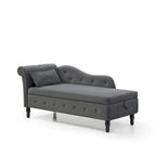 Chaise longue moderne grise capitonnée en velours avec pieds en bois massif et rangement