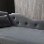 Chaise longue moderne grise capitonnée en velours avec pieds en bois massif et rangement
