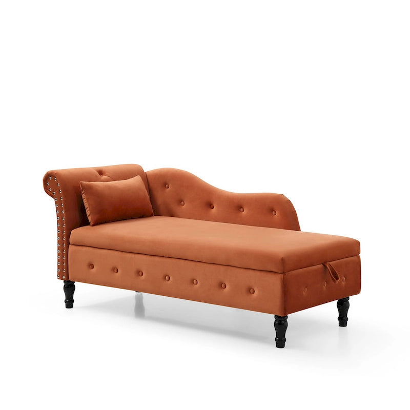 Chaise longue moderne orange en velours avec capitonnage et boutons, pieds en bois massif et rangement
