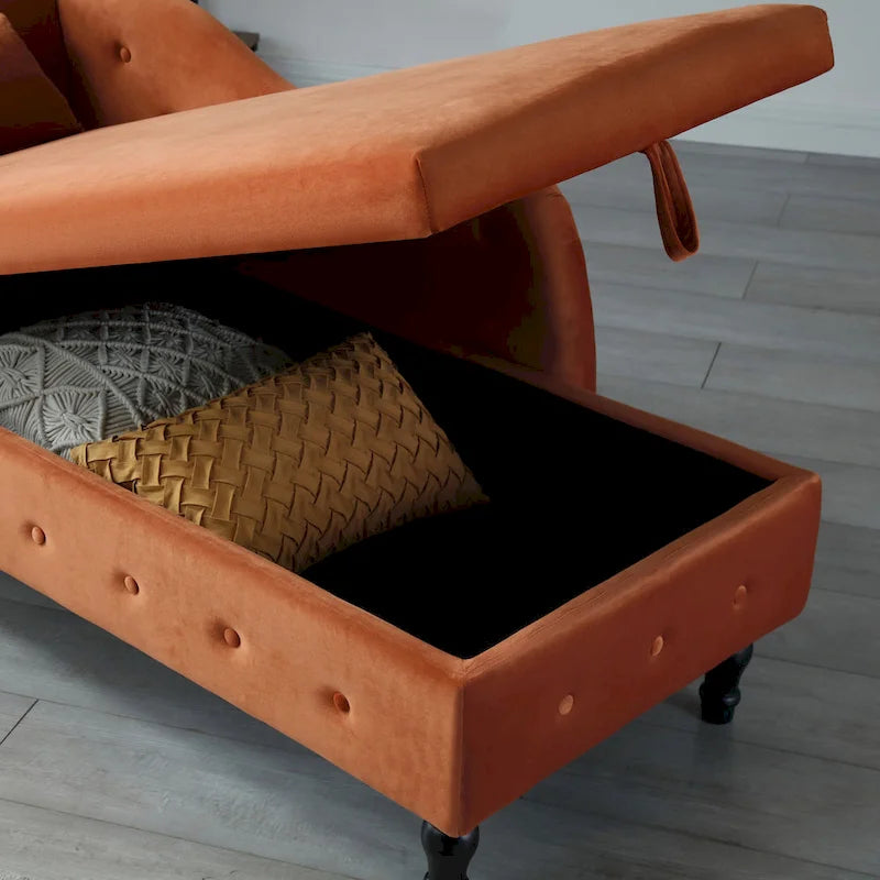 Chaise longue moderne orange en velours avec capitonnage et boutons, pieds en bois massif et rangement