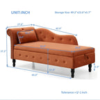 Chaise longue moderne orange en velours avec capitonnage et boutons, pieds en bois massif et rangement