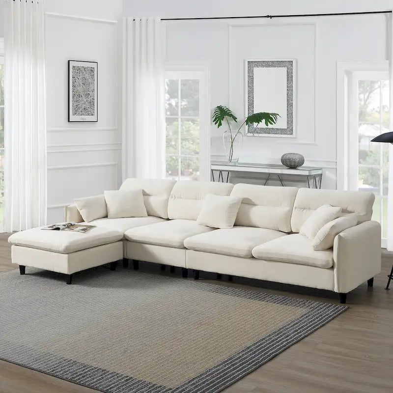 Canapé d'angle en L beige/gris/noir, tissu bouclette, 4 places avec pouf