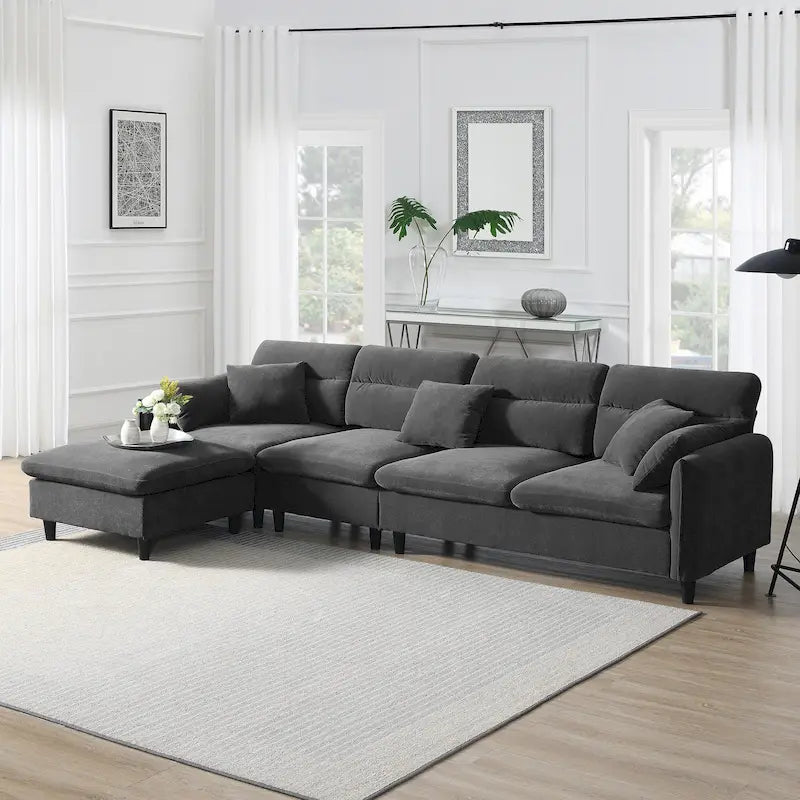 Canapé d'angle en L beige/gris/noir, tissu bouclette, 4 places avec pouf