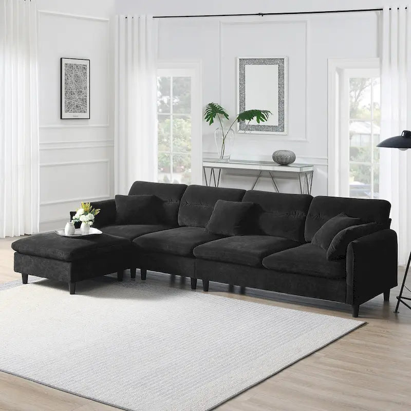 Canapé d'angle en L beige/gris/noir, tissu bouclette, 4 places avec pouf