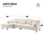 Canapé d'angle en L beige/gris/noir, tissu bouclette, 4 places avec pouf