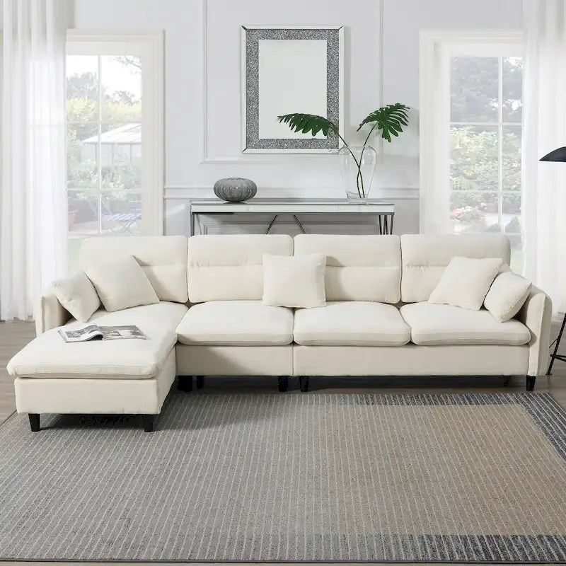 Canapé d'angle en L beige/gris/noir, tissu bouclette, 4 places avec pouf