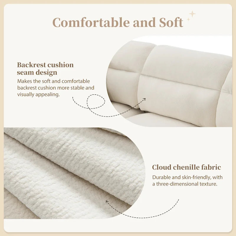 Canapé d'angle en L beige/gris/noir, tissu bouclette, 4 places avec pouf
