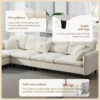 Canapé d'angle en L beige/gris/noir, tissu bouclette, 4 places avec pouf