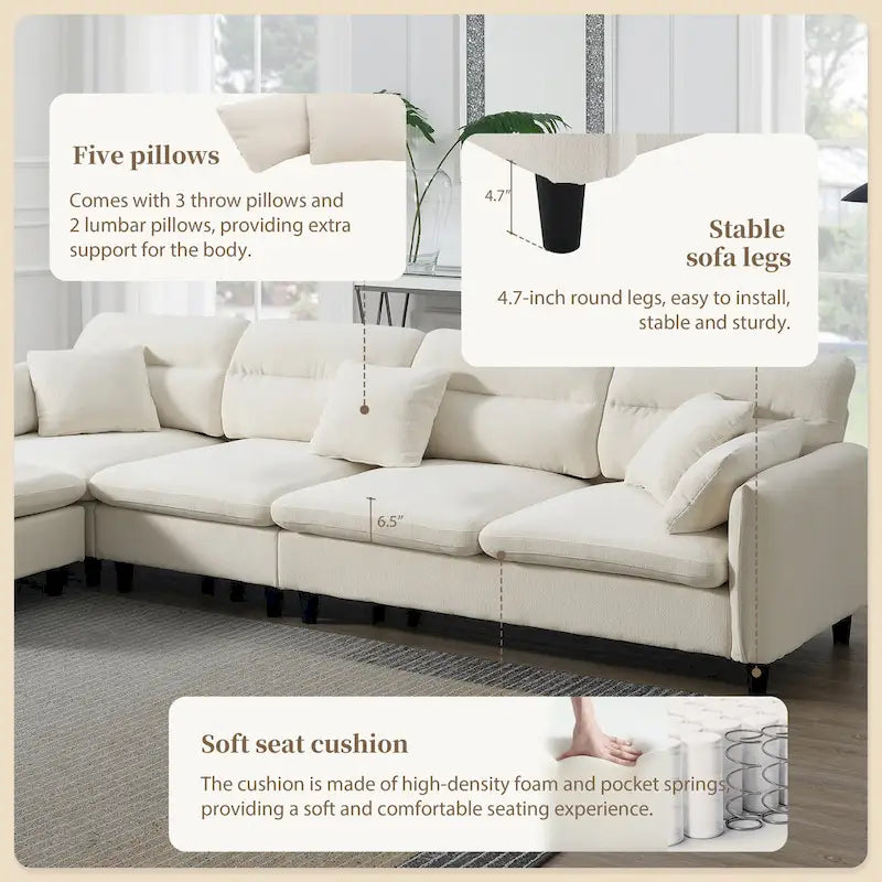 Canapé d'angle en L beige/gris/noir, tissu bouclette, 4 places avec pouf