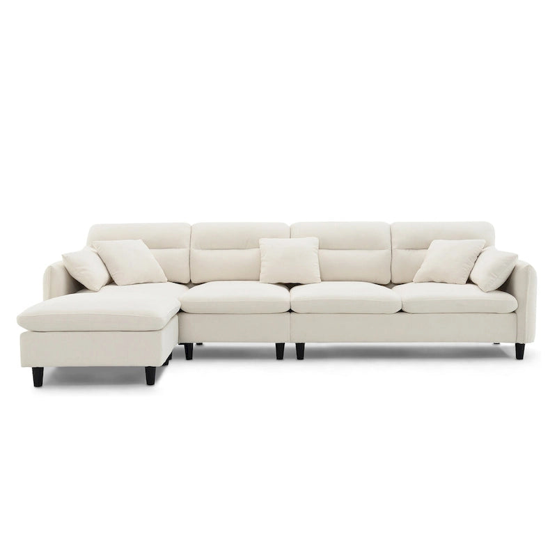 Canapé d'angle en L beige/gris/noir, tissu bouclette, 4 places avec pouf