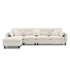 Canapé d'angle en L beige/gris/noir, tissu bouclette, 4 places avec pouf