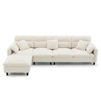 Canapé d'angle en L beige/gris/noir, tissu bouclette, 4 places avec pouf
