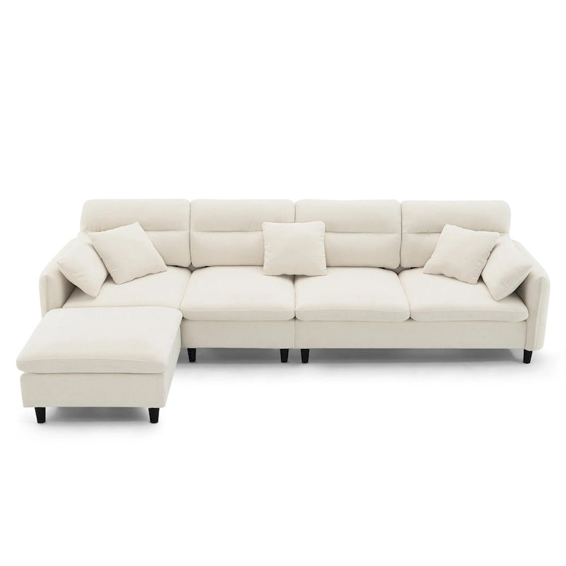 Canapé d'angle en L beige/gris/noir, tissu bouclette, 4 places avec pouf