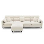 Canapé d'angle en L beige/gris/noir, tissu bouclette, 4 places avec pouf