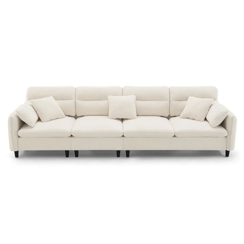 Canapé d'angle en L beige/gris/noir, tissu bouclette, 4 places avec pouf