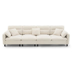 Canapé d'angle en L beige/gris/noir, tissu bouclette, 4 places avec pouf