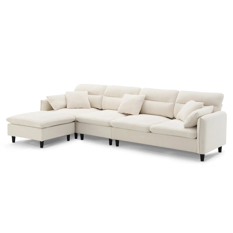 Canapé d'angle en L beige/gris/noir, tissu bouclette, 4 places avec pouf