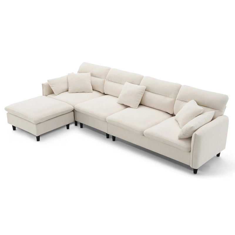 Canapé d'angle en L beige/gris/noir, tissu bouclette, 4 places avec pouf