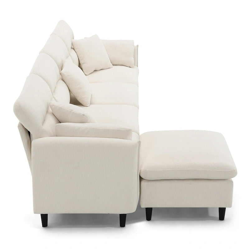 Canapé d'angle en L beige/gris/noir, tissu bouclette, 4 places avec pouf