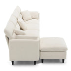 Canapé d'angle en L beige/gris/noir, tissu bouclette, 4 places avec pouf