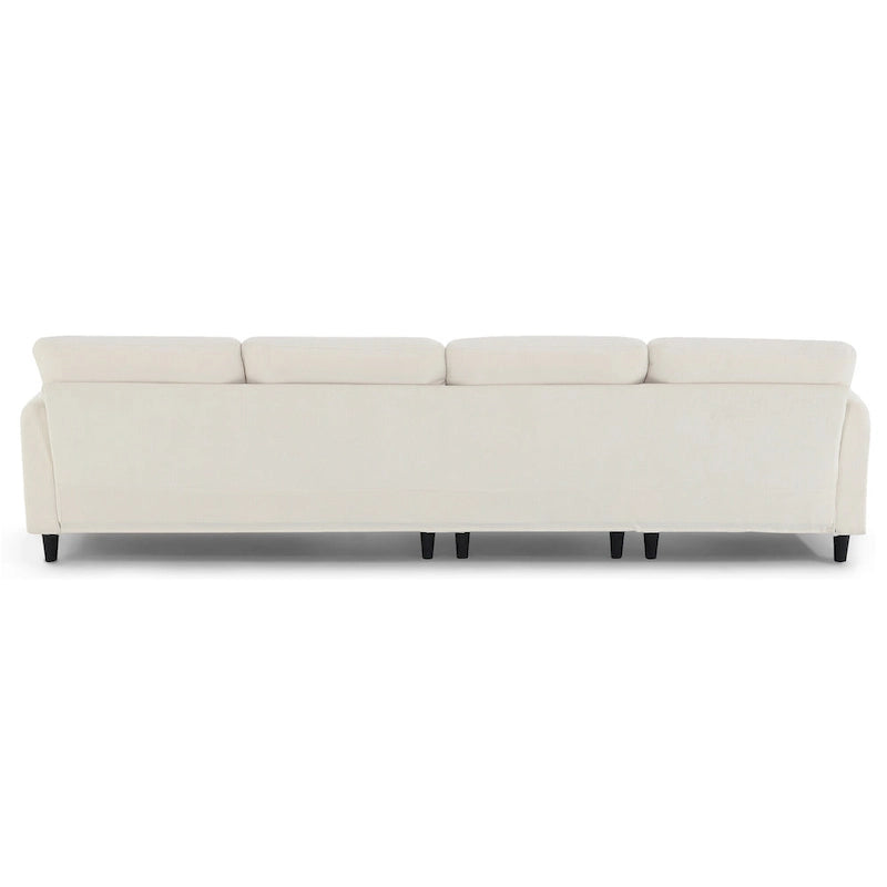 Canapé d'angle en L beige/gris/noir, tissu bouclette, 4 places avec pouf