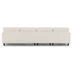 Canapé d'angle en L beige/gris/noir, tissu bouclette, 4 places avec pouf