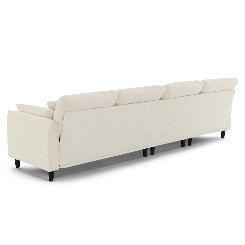 Canapé d'angle en L beige/gris/noir, tissu bouclette, 4 places avec pouf