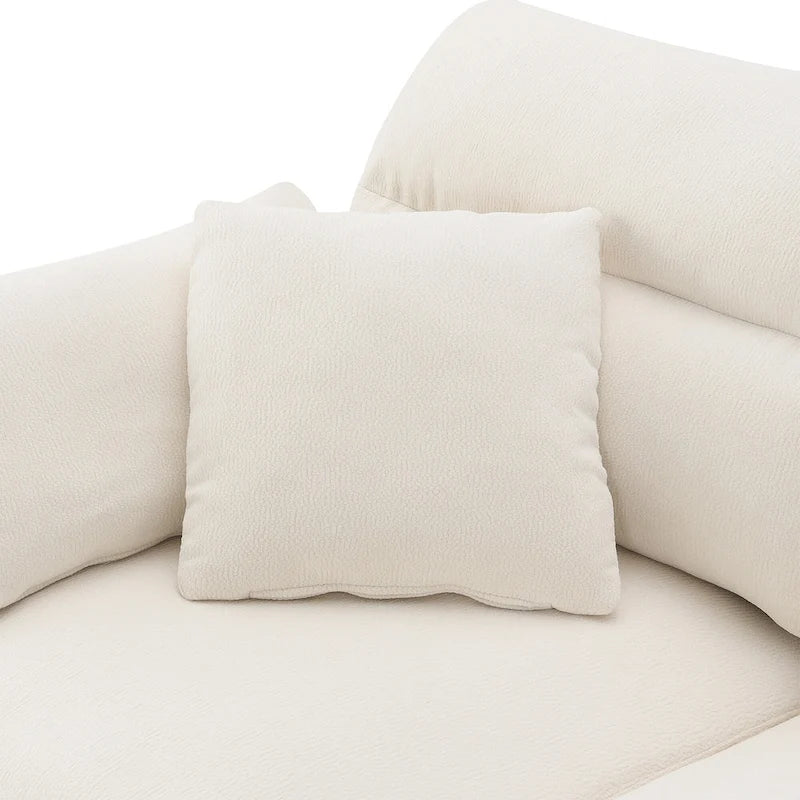 Canapé d'angle en L beige/gris/noir, tissu bouclette, 4 places avec pouf