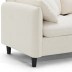 Canapé d'angle en L beige/gris/noir, tissu bouclette, 4 places avec pouf