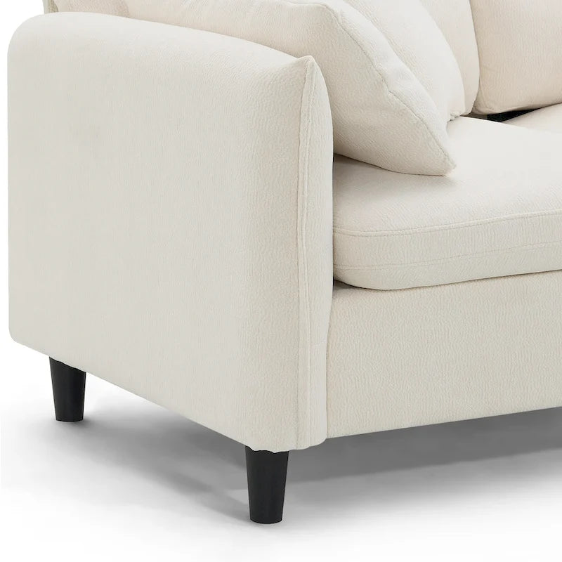 Canapé d'angle en L beige/gris/noir, tissu bouclette, 4 places avec pouf