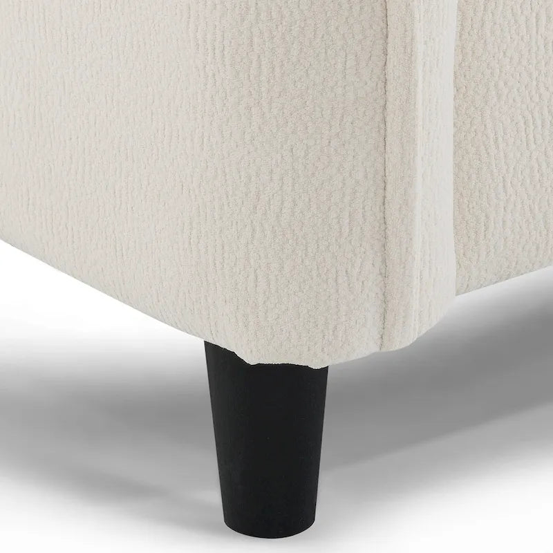 Canapé d'angle en L beige/gris/noir, tissu bouclette, 4 places avec pouf