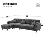 Canapé d'angle en L beige/gris/noir, tissu bouclette, 4 places avec pouf
