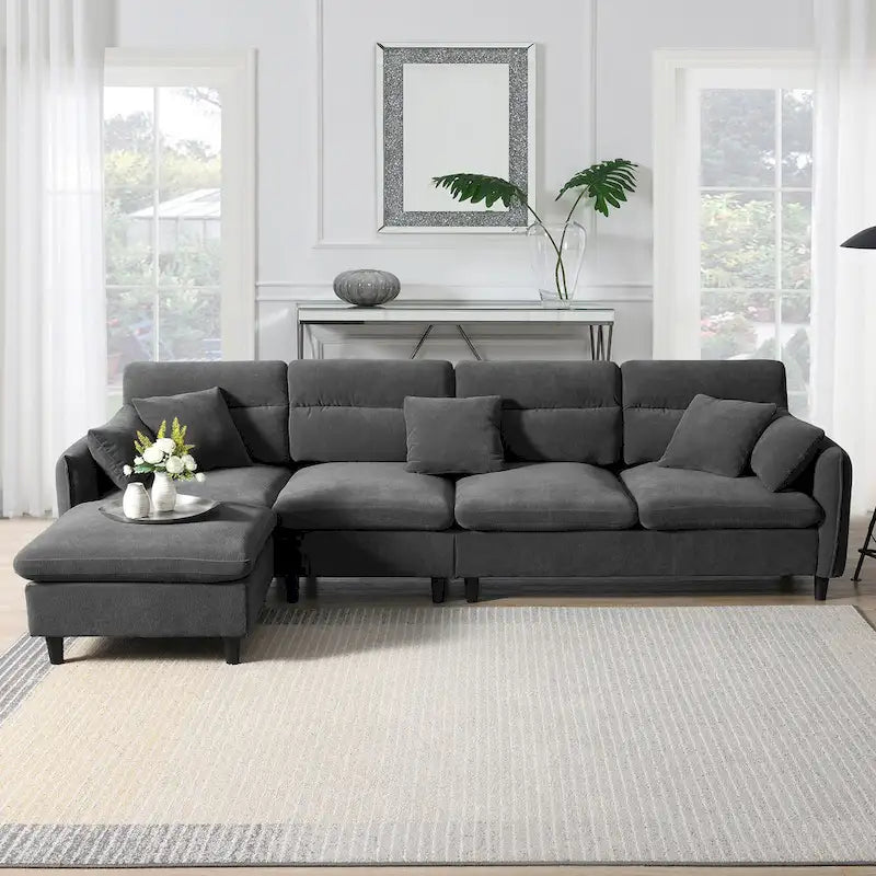 Canapé d'angle en L beige/gris/noir, tissu bouclette, 4 places avec pouf