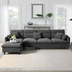 Canapé d'angle en L beige/gris/noir, tissu bouclette, 4 places avec pouf