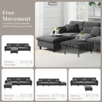 Canapé d'angle en L beige/gris/noir, tissu bouclette, 4 places avec pouf