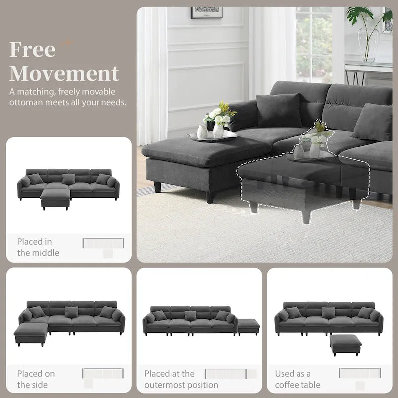 Canapé d'angle en L beige/gris/noir, tissu bouclette, 4 places avec pouf