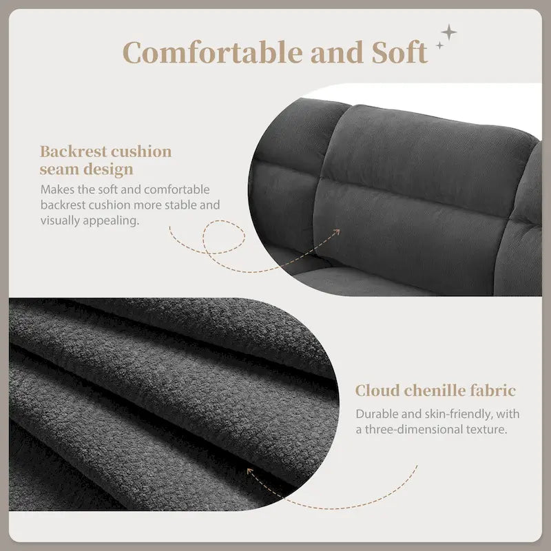 Canapé d'angle en L beige/gris/noir, tissu bouclette, 4 places avec pouf