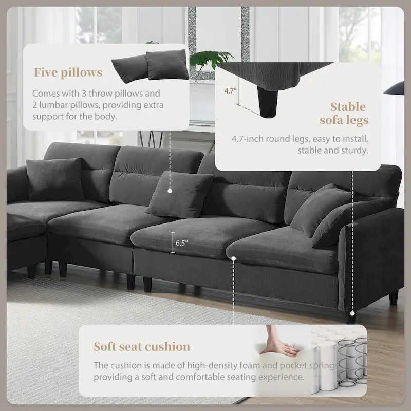 Canapé d'angle en L beige/gris/noir, tissu bouclette, 4 places avec pouf