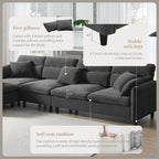 Canapé d'angle en L beige/gris/noir, tissu bouclette, 4 places avec pouf