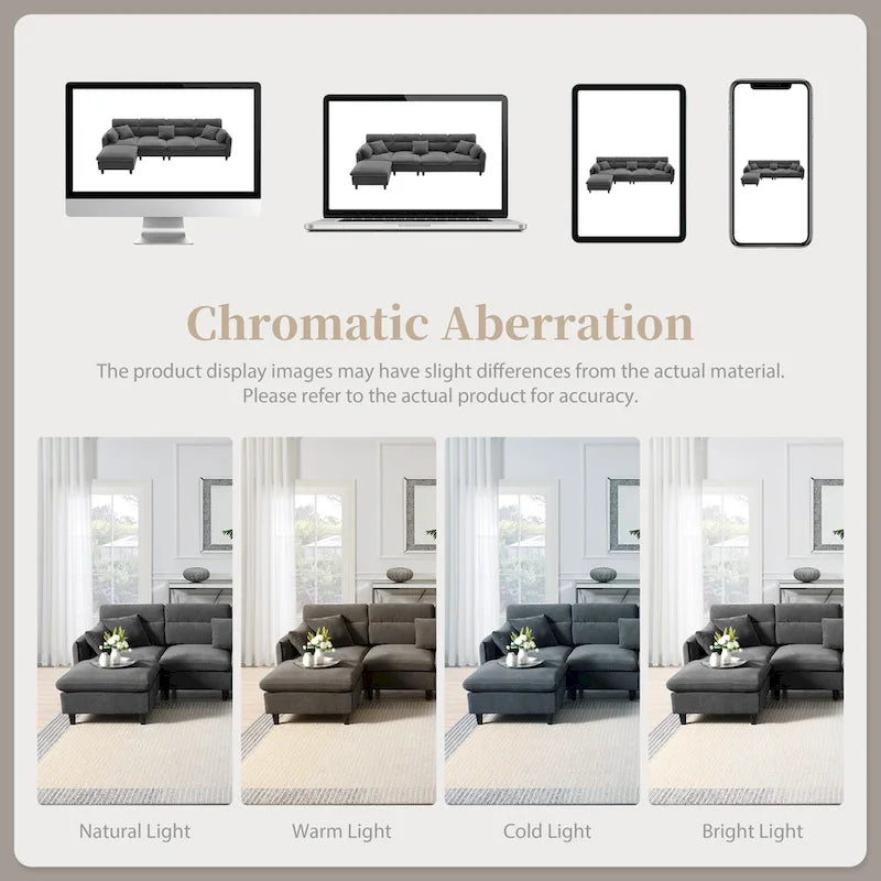 Canapé d'angle en L beige/gris/noir, tissu bouclette, 4 places avec pouf