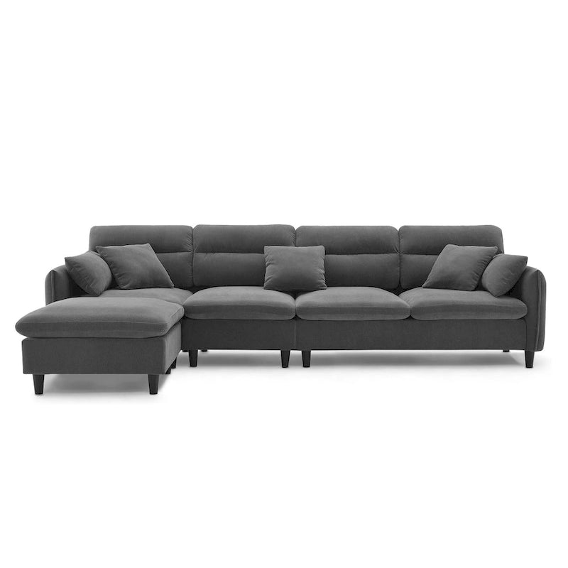 Canapé d'angle en L beige/gris/noir, tissu bouclette, 4 places avec pouf