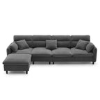 Canapé d'angle en L beige/gris/noir, tissu bouclette, 4 places avec pouf