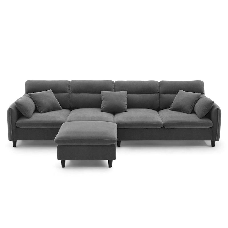 Canapé d'angle en L beige/gris/noir, tissu bouclette, 4 places avec pouf