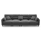 Canapé d'angle en L beige/gris/noir, tissu bouclette, 4 places avec pouf