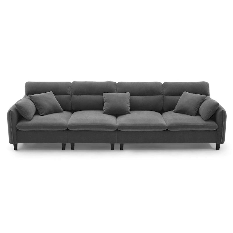 Canapé d'angle en L beige/gris/noir, tissu bouclette, 4 places avec pouf