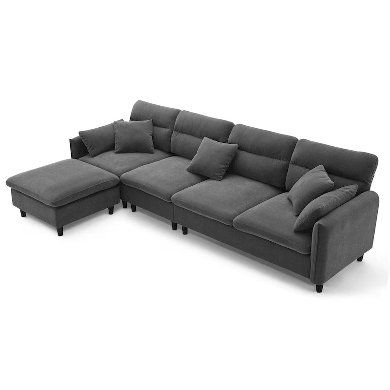 Canapé d'angle en L beige/gris/noir, tissu bouclette, 4 places avec pouf