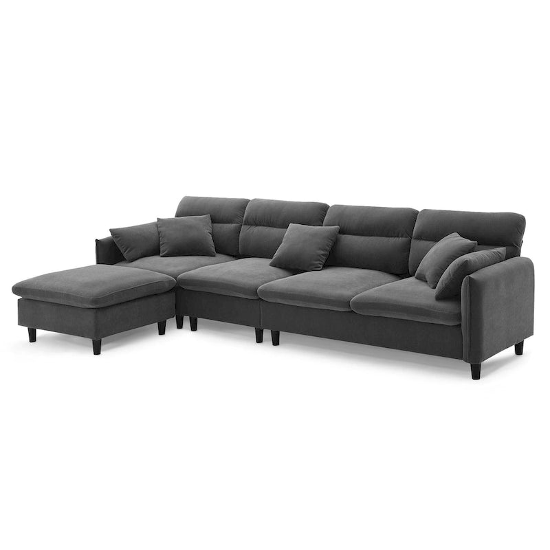 Canapé d'angle en L beige/gris/noir, tissu bouclette, 4 places avec pouf