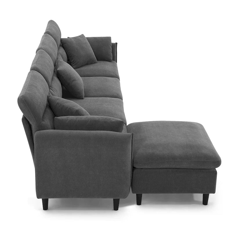 Canapé d'angle en L beige/gris/noir, tissu bouclette, 4 places avec pouf