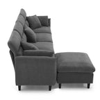 Canapé d'angle en L beige/gris/noir, tissu bouclette, 4 places avec pouf