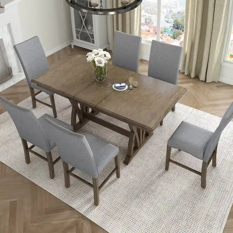 Ensemble table à manger extensible gris style milieu de siècle pour 6 personnes avec pieds croisés